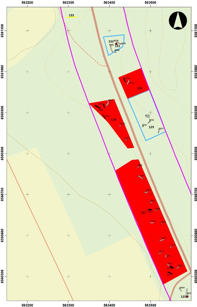 Utdrag ur Fastighetskartan med grävda sökschakt/rutor inom objekt 127, 128, 129,