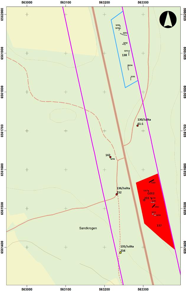 Utdrag ur Fastighetskartan med grävda sökschakt/rutor inom objekt 137, 138,