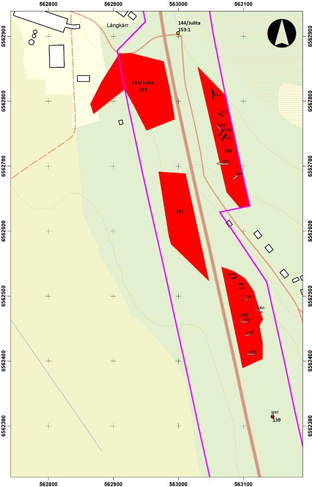 Utdrag ur Fastighetskartan med grävda sökschakt/rutor inom objekt 127, 128, 139,
