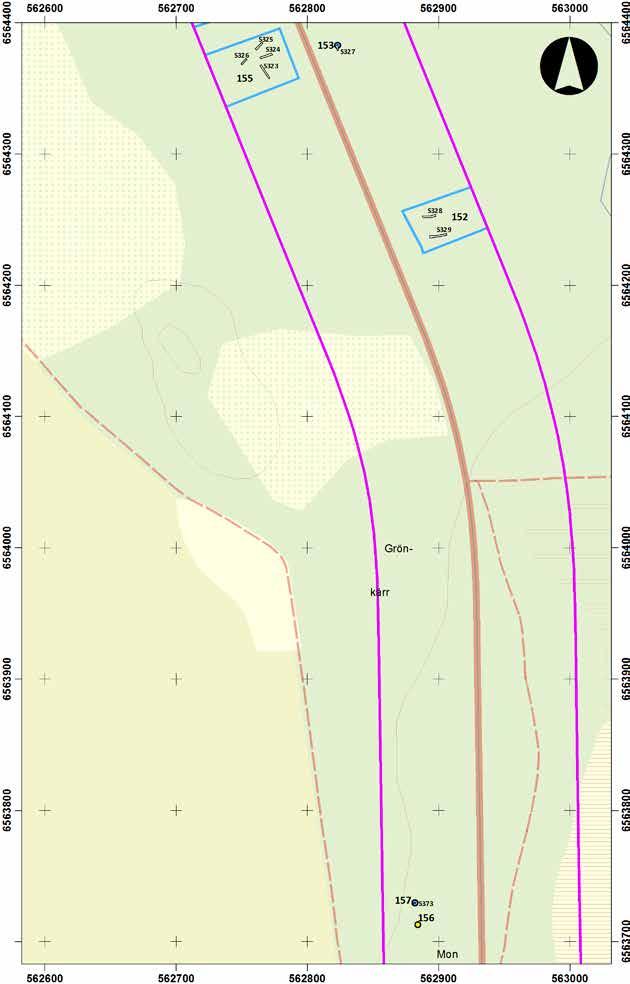 Utdrag ur Fastighetskartan med grävda sökschakt/rutor inom objekt 152, 153,