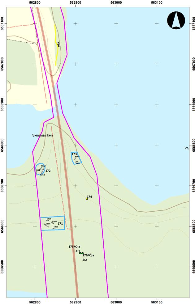 Utdrag ur Fastighetskartan med grävda sökschakt/rutor inom objekt 171, 172