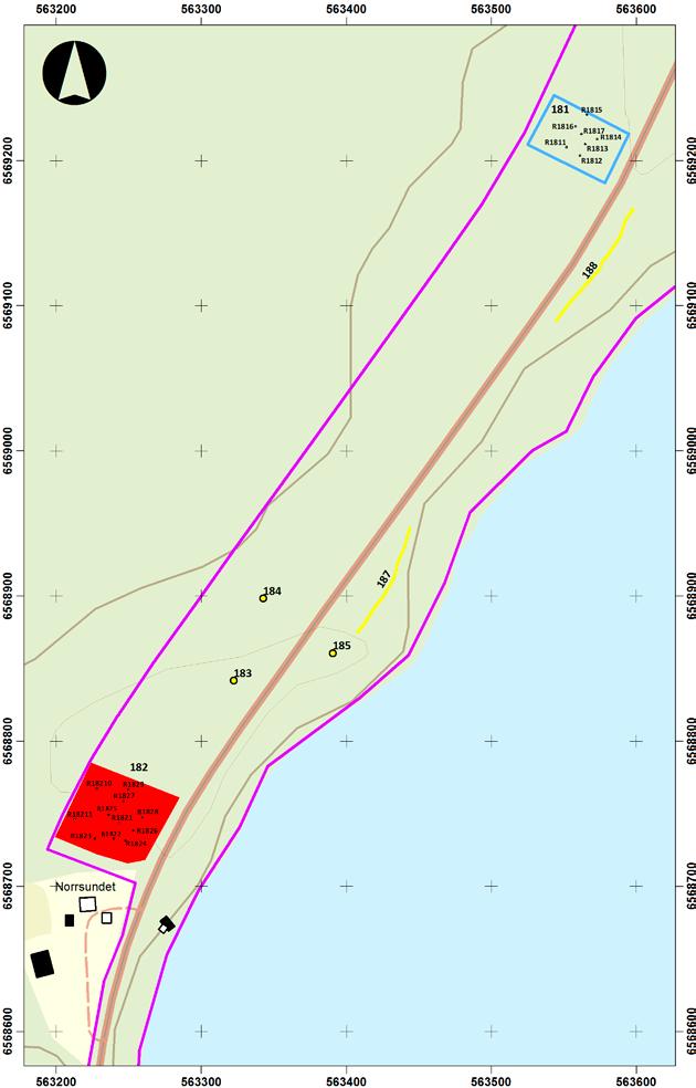 Utdrag ur Fastighetskartan med grävda sökschakt/rutor inom objekt 181 &