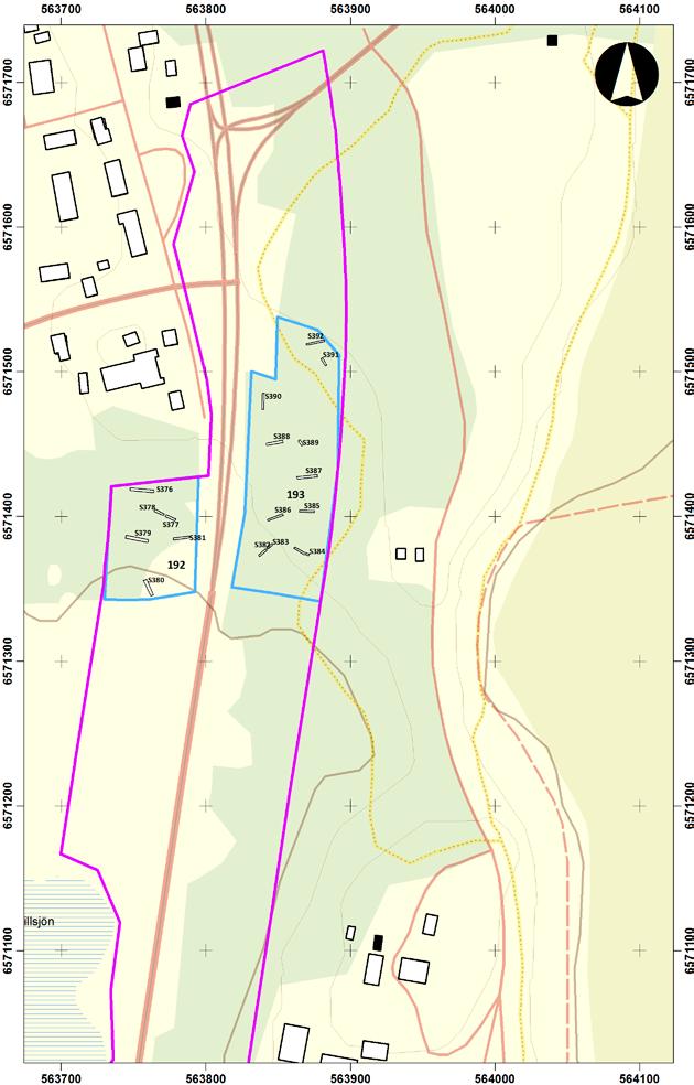 Utdrag ur Fastighetskartan med grävda sökschakt/rutor inom objekt 192 &