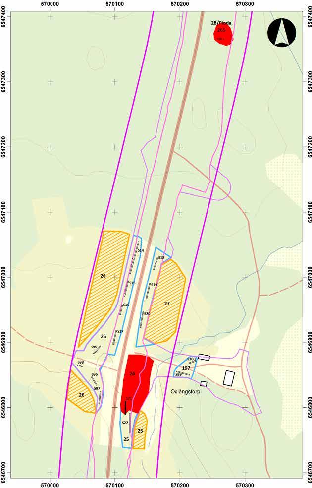 Utdrag ur Fastighetskartan med grävda sökschakt/rutor inom objekt 25, 26, 27,