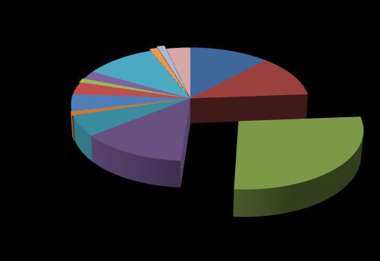 Figur 16. Ärenden vid Samhällsvetenskaplig fakultet, vårterminen 2013. Undervis; 1% Obligatoriskt; 1% Offentligt; 2% CSN; 1% Info; 11% VFU; 4% Antagning; 12% Kurslitt.; 4% Arb.miljö; 12% Kursvärd.