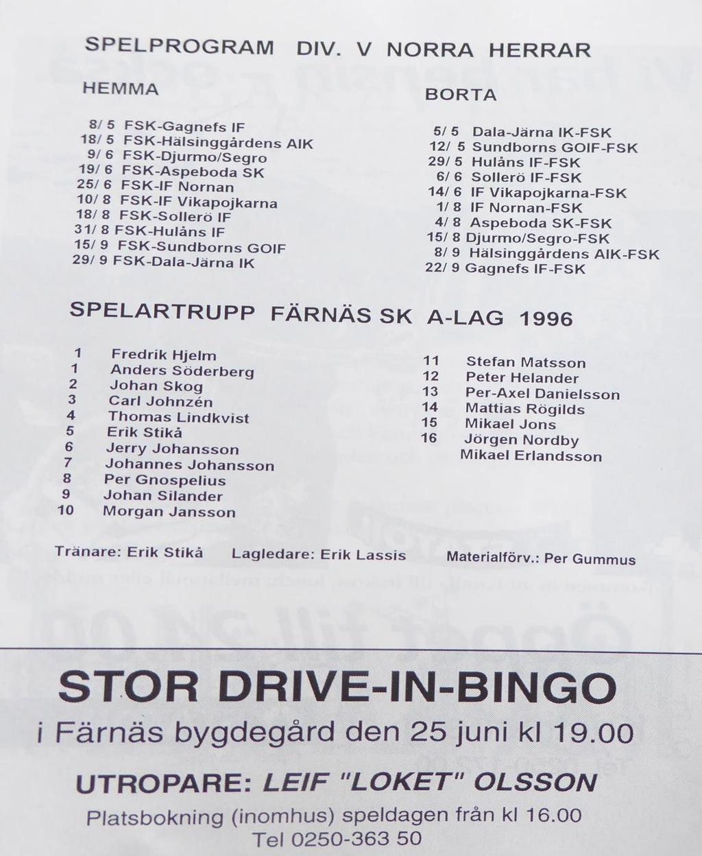Premiär division IV, norra. Dala Järna-Färnäs 8-1, (4-0). Dala Järna hade ett riktigt målkalas mot Färnäs. Stackars Färnäs fick se sig besegrade med hela 8-1.