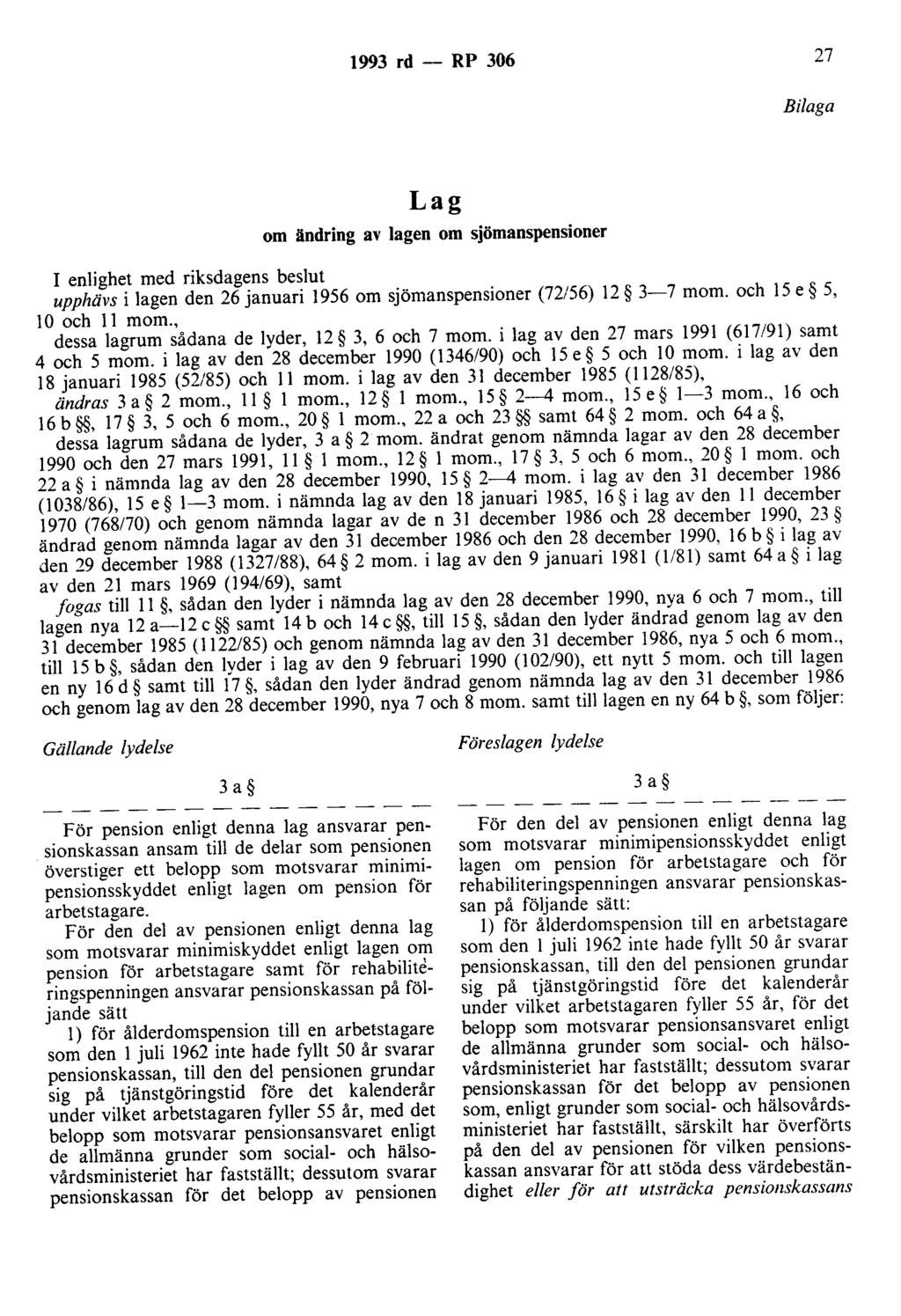 1993 rd - RP 306 27 Bilaga Lag om ändring av lagen om sjömanspensioner I enlighet med riksdagens beslut upphävs i lagen den 26 januari 1956 om sjömanspensioner (72/56) 12 3-7 mom.