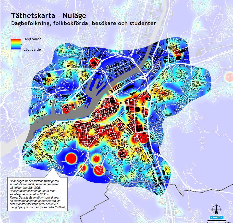 Täthet dag- och nattbefolkning, besökare och studerande inom en kilometers avstånd Källa: Underlagsrapport Göteborgs