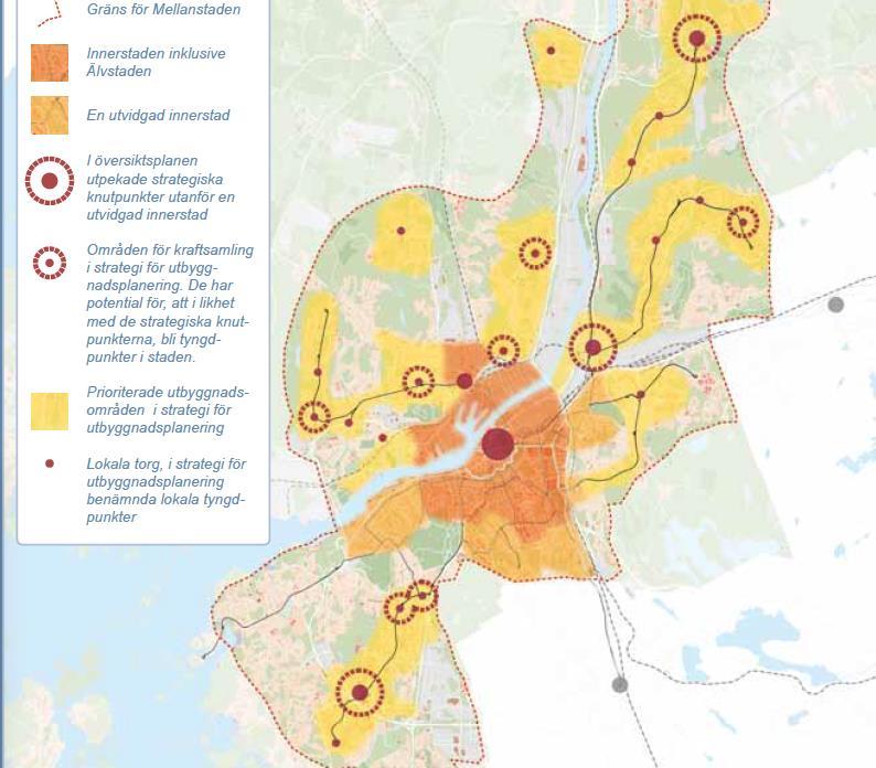 Plats-punkt-hierarki Som funktioner i staden: Tyngdpunkter i staden: Begreppet tyngdpunkter sammanfaller med det som benämns strategiska knutpunkter i Göteborg Stads översiktsplan (2009).