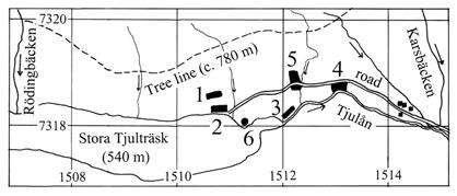 Figure 1. Map of the study area, limited in the west and east by the streams Rödingbäcken and Karsbäcken, in the north by the tree line, and in the south by lake Stora Tjulträsk and river Tjulån.