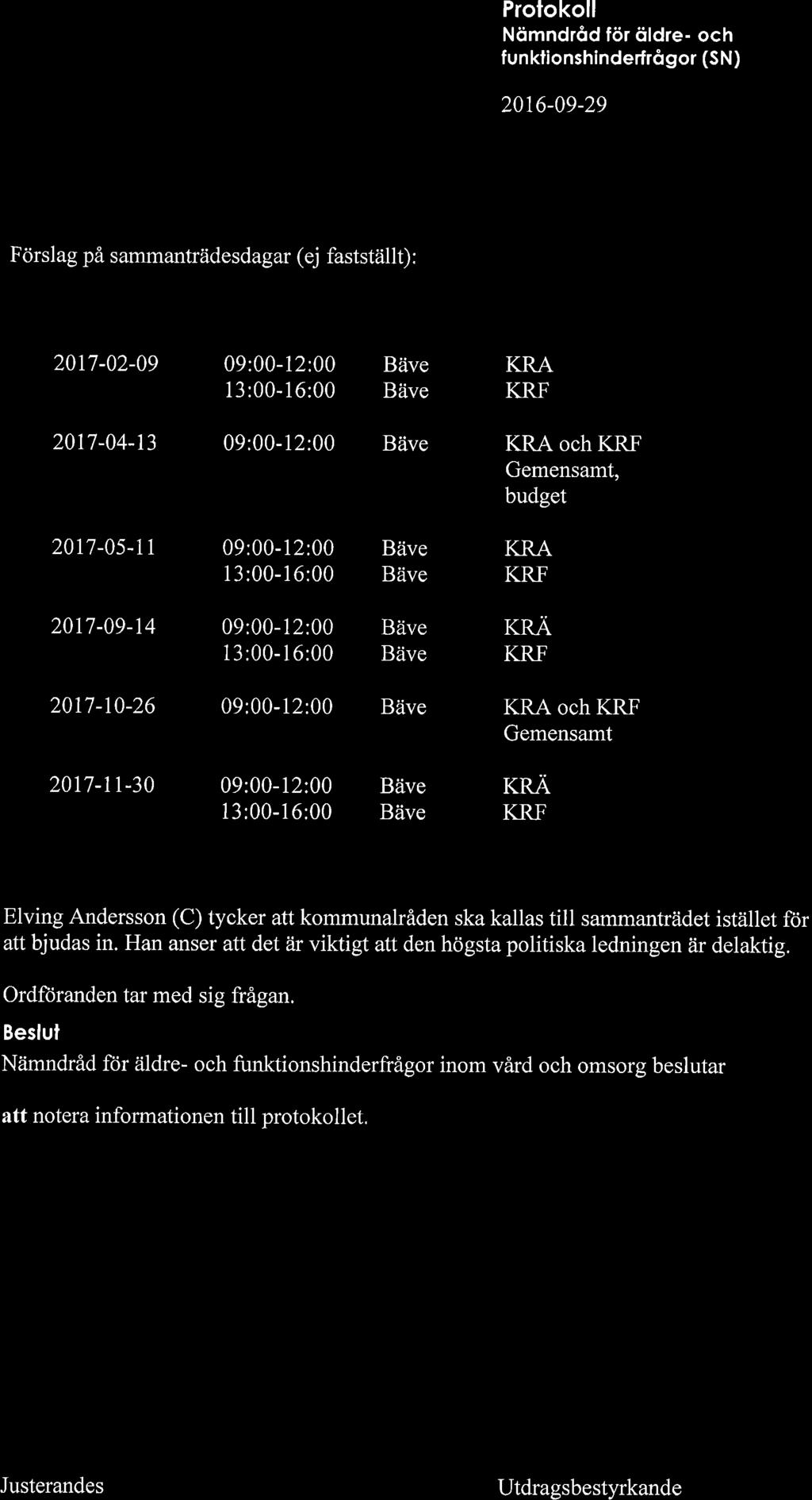 funklionshinderfrågor (SN) 20t6-09-29 Förslag på s ammanträdesdagar (ej fastställt) : 2017-02-09 09:00-12:00 13:00-16:00 KRA KRF 2017-04-13 09:00-12:00 KRA och KRF Gemensamt, budget 2017-05-tt