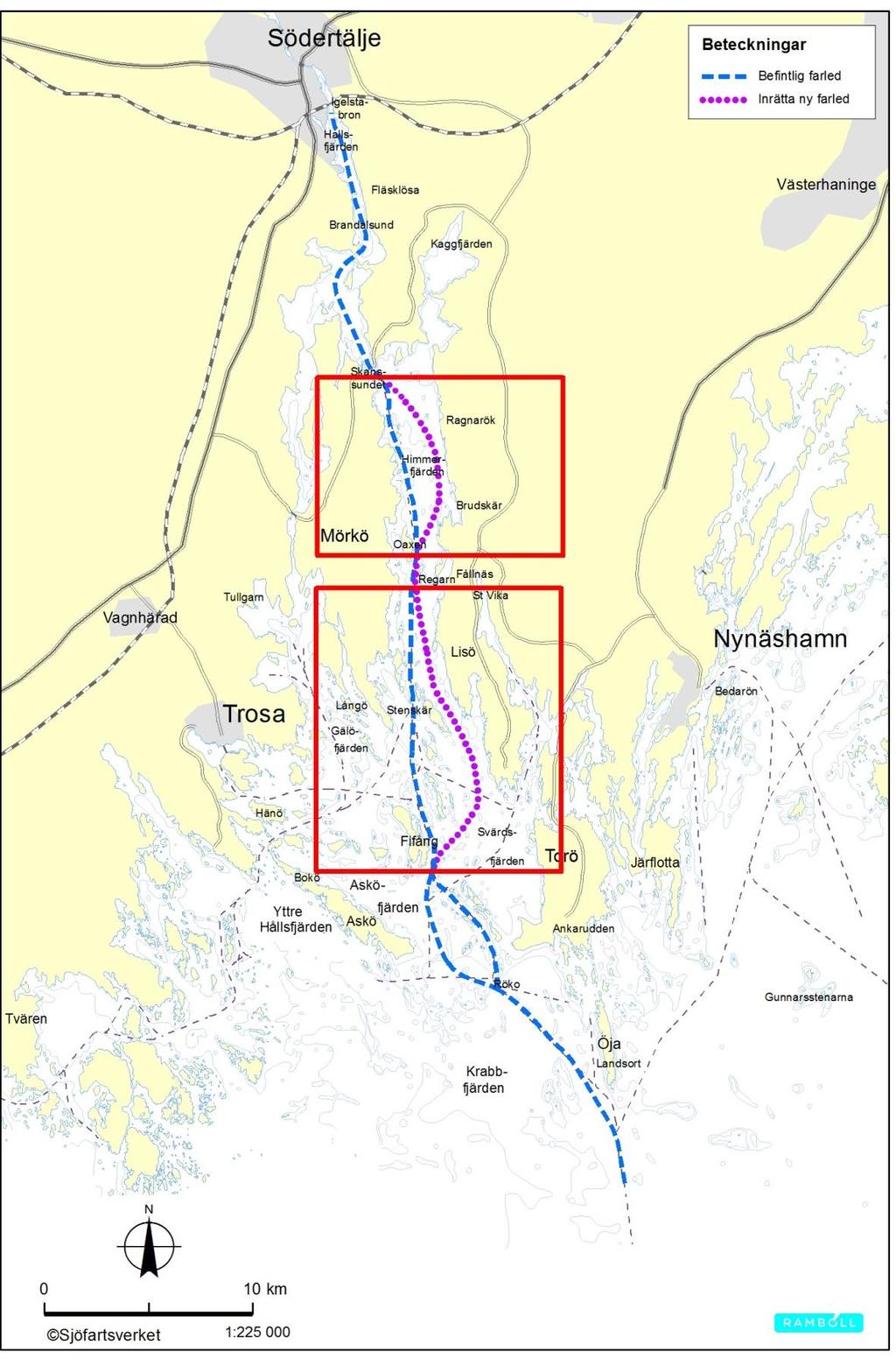 Påverkan på ejder i områden med ny farledssträckning för tung fartygstrafik Ny farledssträckning planeras på sträckorna Fifång Regarn och Oaxen Skanssundet (figur 1).