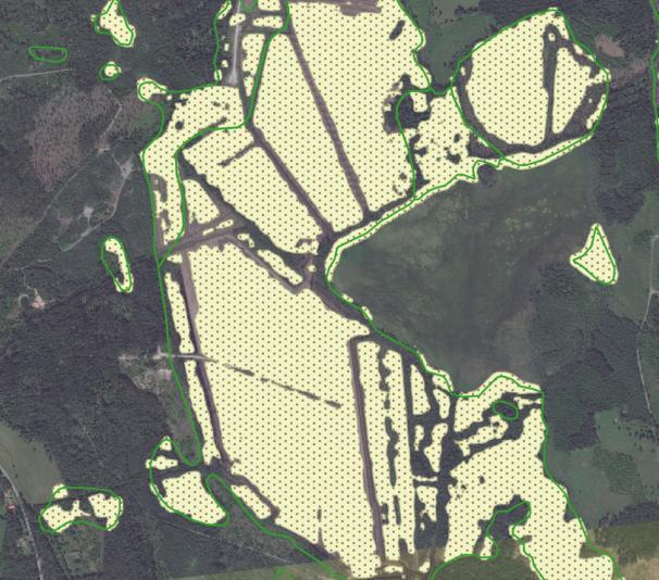 H ~0.1 H ~0.5 Figur 10 Exempel på fragmenteringsmått enligt Herfindahlidex. De gula ytorna med svarta indikerar släta områden som sannolikt är opåverkade av dikning.