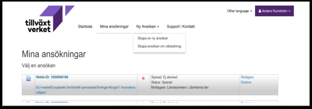 Min ansökan Skapa en ny ansökan Klicka