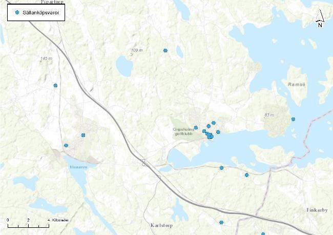 Marknadsförutsättningar utbud - sällanköpsvaror Utbud i upptagningsområde Större delen av sällanköpsvaruutbudet i Strängnäs kommun är lokaliserad till Strängnäs tätort samt externhandelsområdet