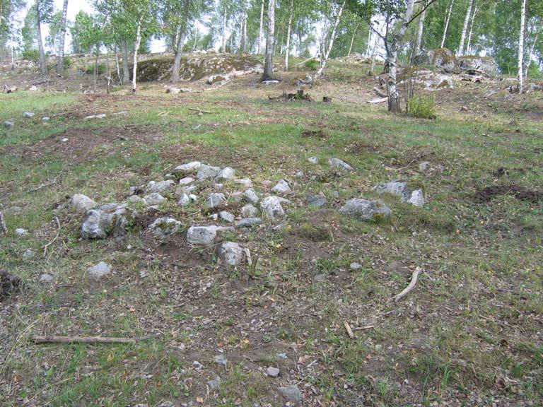 Röjningsrösen och grop Fem röjningsrösen dokumenterades. De var 1,6-2,2 m stora och var vanligen enskiktade.