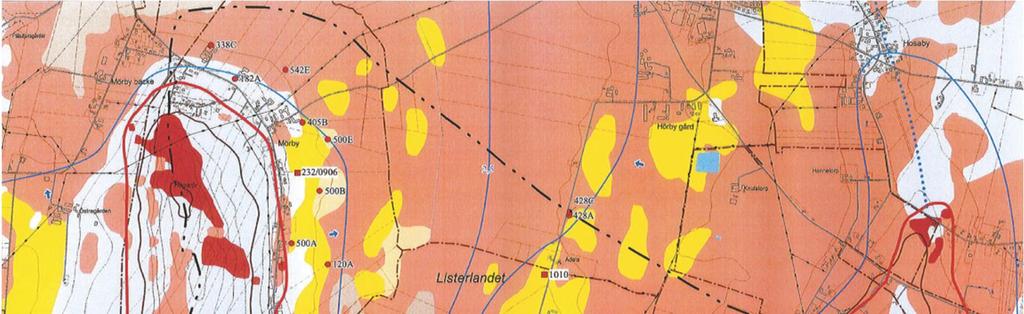 Inför ansökan om tillstånd för grundvattenuttaget vid Mörby vattentäkt redovisade Geo Scania uppmätta grundvattennivåer i april 2002. Dessa redovisas i Figur 12.