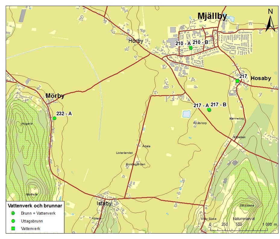 Figur 1 Översiktskarta med placering av uttagsbrunnar och vattenverk i Mjällby, Hannetorp och Mörby.