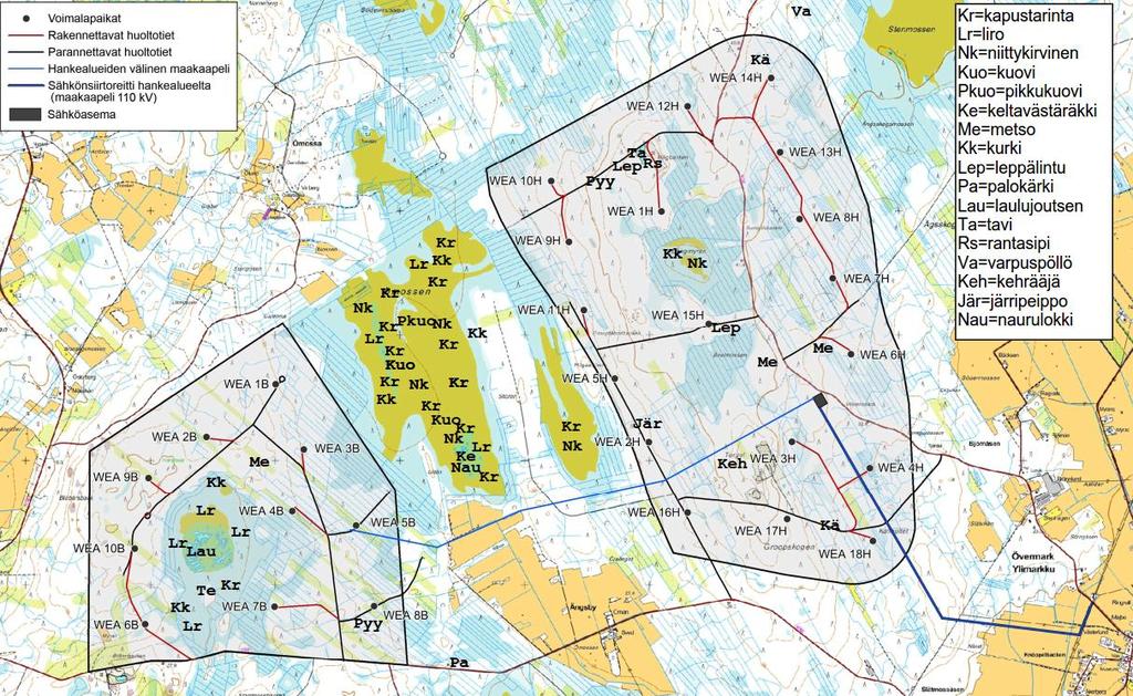 MILJÖKONSEKVENSBESKRIVNING 123 / 234 Kraftverksplatser Servicevägar som ska byggas Servicevägar som ska förbättras Jordkabel mellan projektområdena Elöverföring från projektområdet (jordkabel 110 kv)
