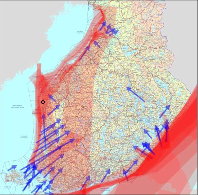 MILJÖKONSEKVENSBESKRIVNING 124 / 234 Figur 72. Fåglarnas främsta flyttstråk på våren.