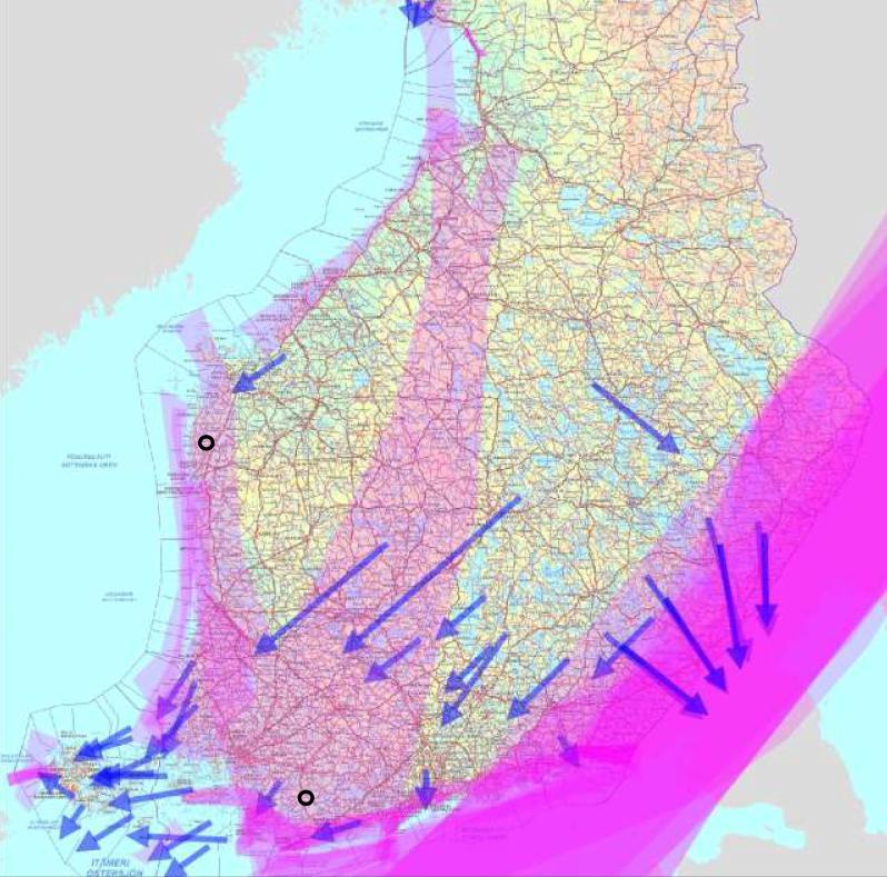 MILJÖKONSEKVENSBESKRIVNING 125 / 234 Figur 73. Fåglarnas främsta flyttstråk på hösten. Projektområdet i Hedet-Björkliden är inritat som en svart cirkel på kartan (källa: Toivanen m.fl. 2014) Då vårflyttningen studerades 2013 iakttogs totalt 6563 fågelindivider och på hösten 35259 individer.