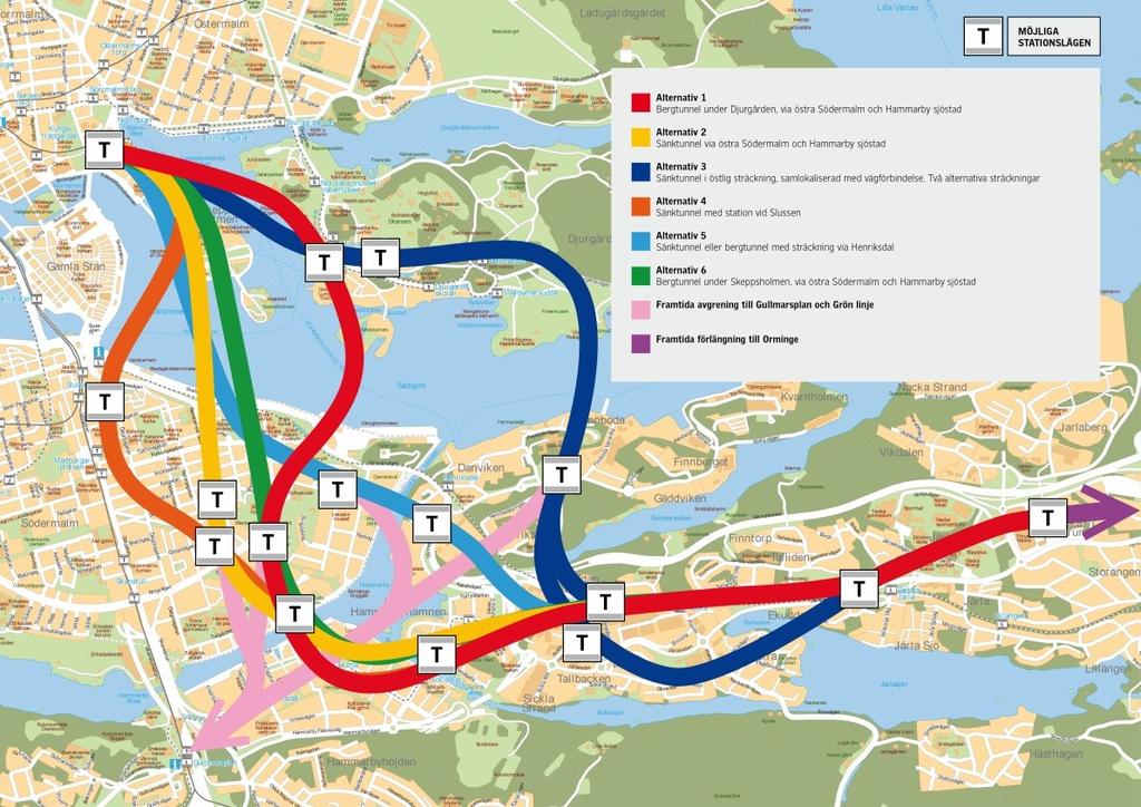 17(39) Figur 5 Alternativa tunnelbanesträckningar som studeras i förstudien 4.