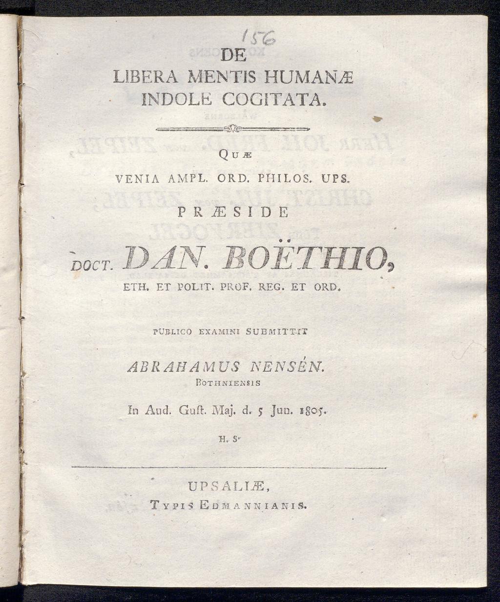 DE LIBERA MEN TIS HUMANA: INDOLE COGITATA. J ΐΤΤΓΤΐ "".Jl" Qu JE VENIA AMPL. ORD. PHILOS. UPS. PRISIDE ioct. DAN. ΒΟΈΤΗΙΟ, ΕΤΗ. ET POLTT. PROF. REG.