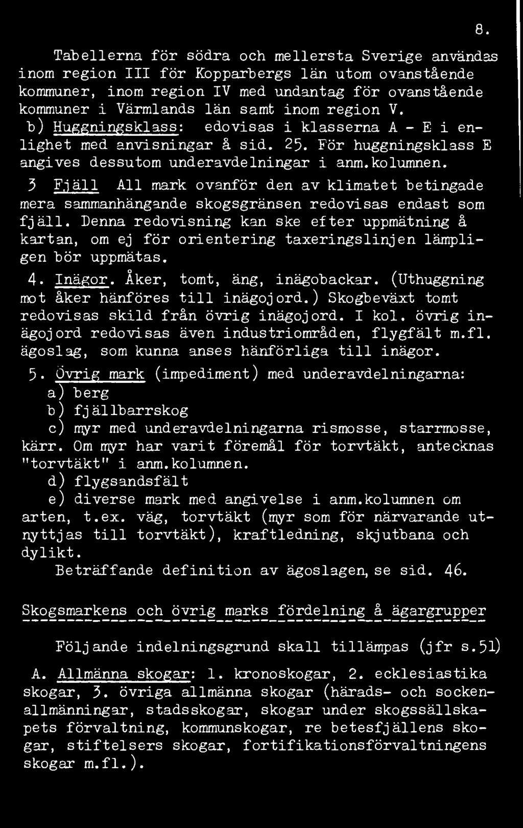 Tabellerna för södra och mellersta Sverige användas inom region III för Kopparbergs län utom ovanstående kommuner, inom region IV med undantag för ovanstående kommuner i Värmlands län samt inom