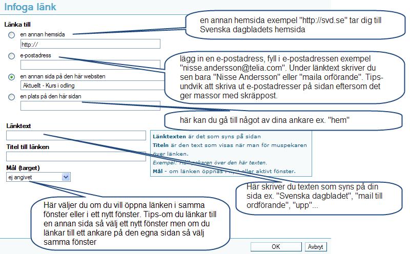 Infoga länk Funktionen infoga länk används när du vill: flytta dig till en speciell punkt på din sida lägga in en e-post adress som användaren ska kunna klicka på för att