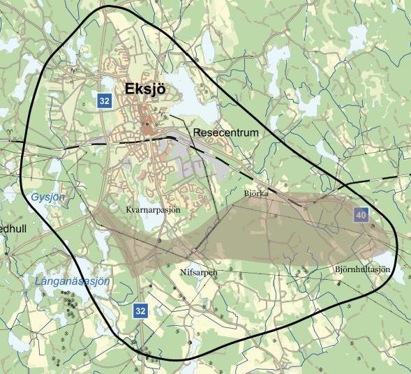 2 Förutsättningar 2.1 Planeringsförutsättningar utgångsläge För väg 40 planeras en förbifart vid Eksjö, se nedan.