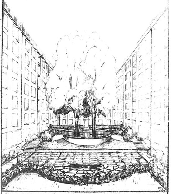 URPRUNGLIGA PLANER OCH PERSPEKTIV I stadsarkiven nns en hel del tidiga illustrationsplaner och perspektiv över gårdarna daterade 1931 och 1932.