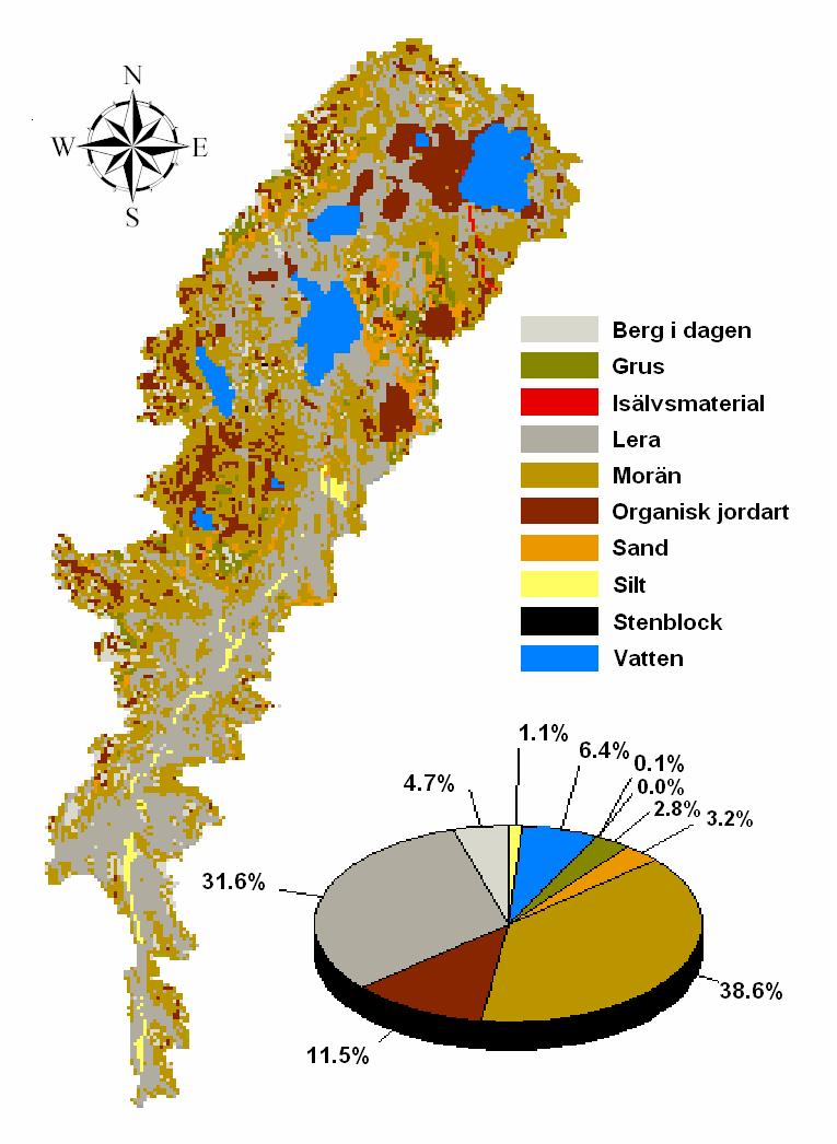Markanvändningen fördelar sig på 66,1 % skog, 14,6 % åker, 8,3 % sankmark, 6,3 % vatten, 4,1 % öppen mark och 0,6 % bebyggelse. De åtta större sjöar som finns i området ligger alla i den norra delen.