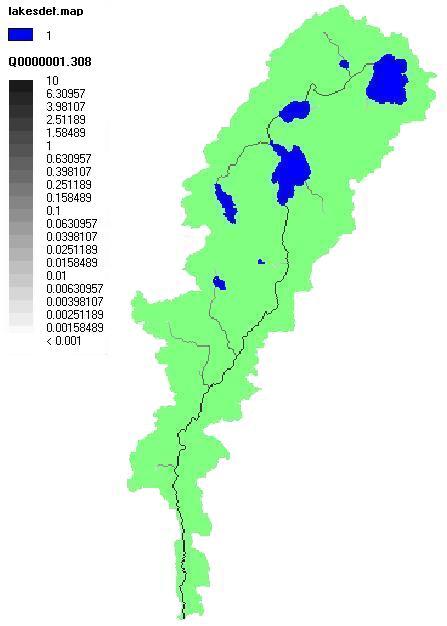 Figur 9. Simulerad vattenföring i avrinningsområdet vid en vårflödestopp under kalibreringsperioden.