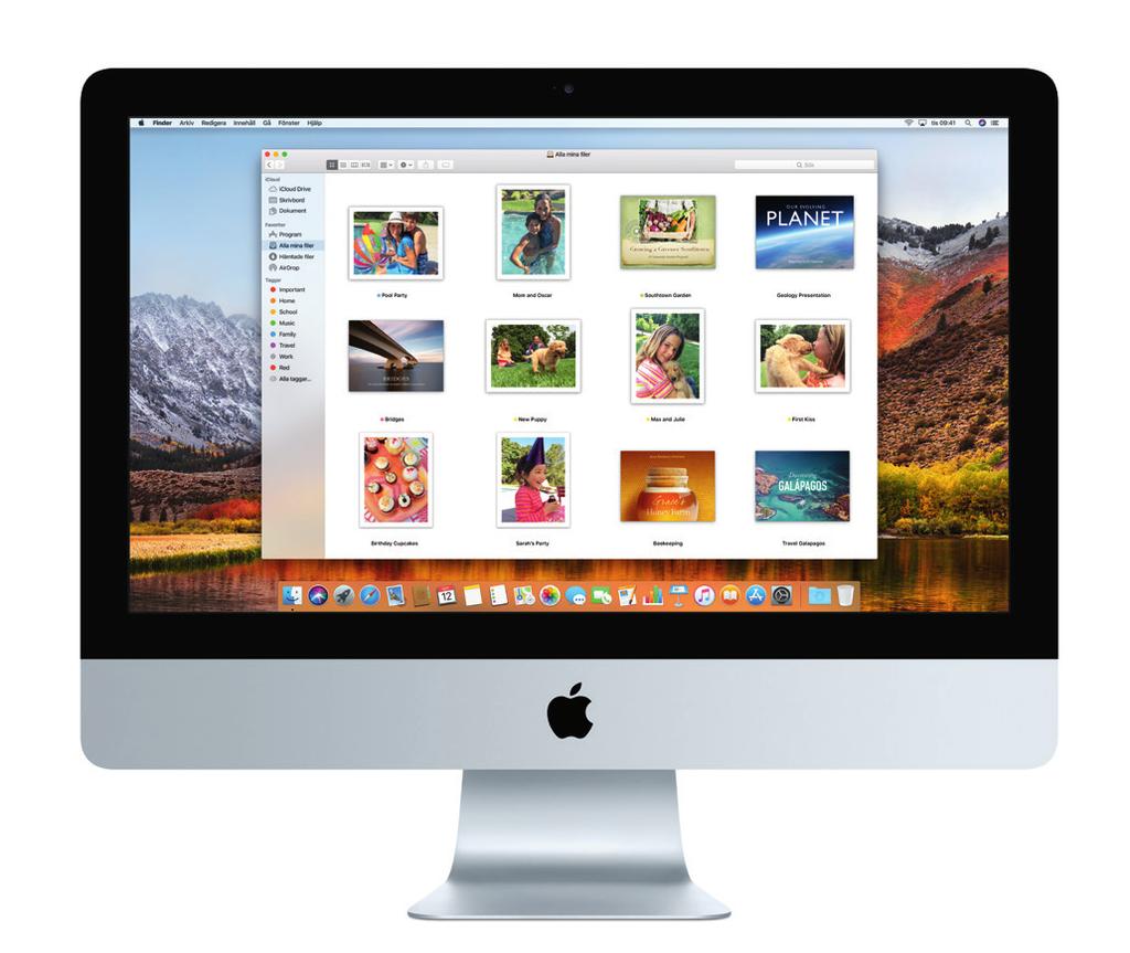 Hjälp-menyn Finder Dock Menyraden Wi-Fi Siri Systeminställningar Lär känna skrivbordet Hitta det du söker och gör allt möjligt på datorns skrivbord.