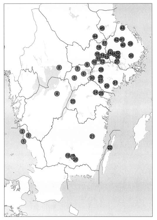 Figure 2. Spring staging sites of Taiga Bean Geese in southern Sweden. Site names are listed in Table 1. Rastlokaler under vårflyttningen för taigasädgås i södra Sverige.