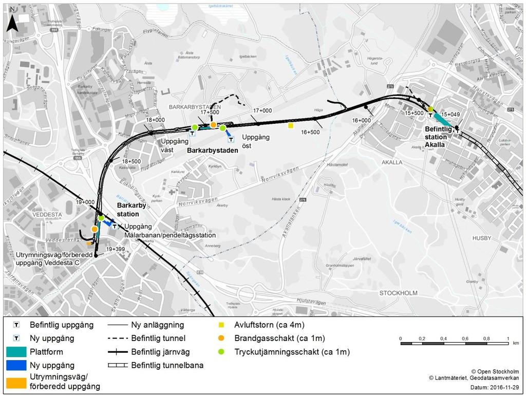 Figur 1. Planerad utbyggnad av tunnelbanan mellan Akalla och Barkarby station. Byggnation av Ny anläggning och Plattform sker under mark.