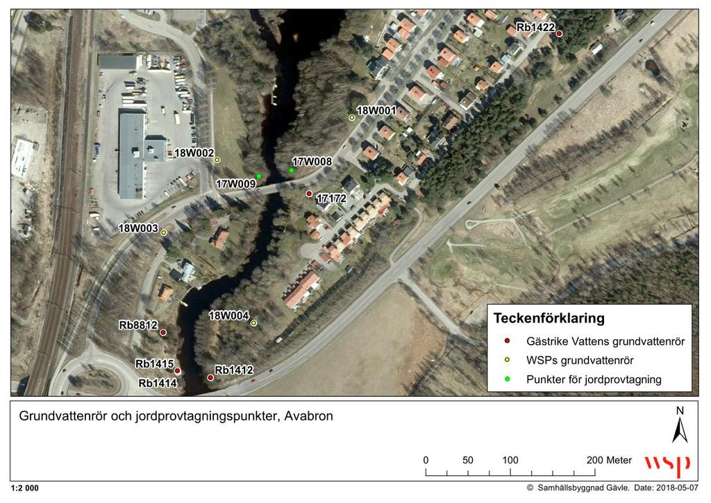 Figur 7. Provtagingspunkter i grundvatten och jord vid hydrogeologisk utredning vid Avabron februari-mars 2018. Blivande broläge för ny Avabro markeras med röd ring. Gävle kommun 3.