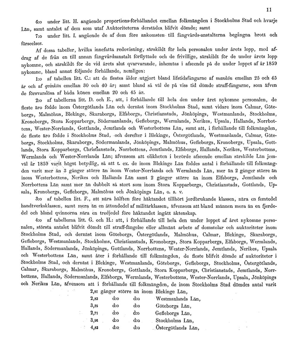 6:o under litt. H. angående proportions-förhållandet emellan folkmängden: i Stockholms Stad och hvarje Lan, samt antalet af dem som utaf Auktoriteterna derstädes. blifvit dömde; samt 7:o under litt.