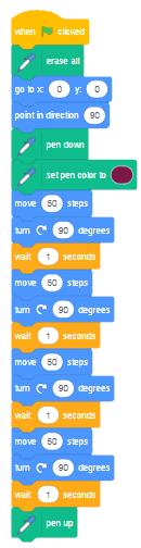Klicka i färgfältet för att välja färg. Sprajten går framåt 50 steg, svänger 90 grader och väntar 1 sekund.