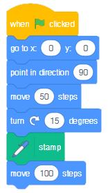 Lägg till kod så att sprajten går, svänger och stämplar en bild Sprajten går 50 steg och svänger 15 grader, stämplar en kopia av sig själv och går 100 steg till Testa