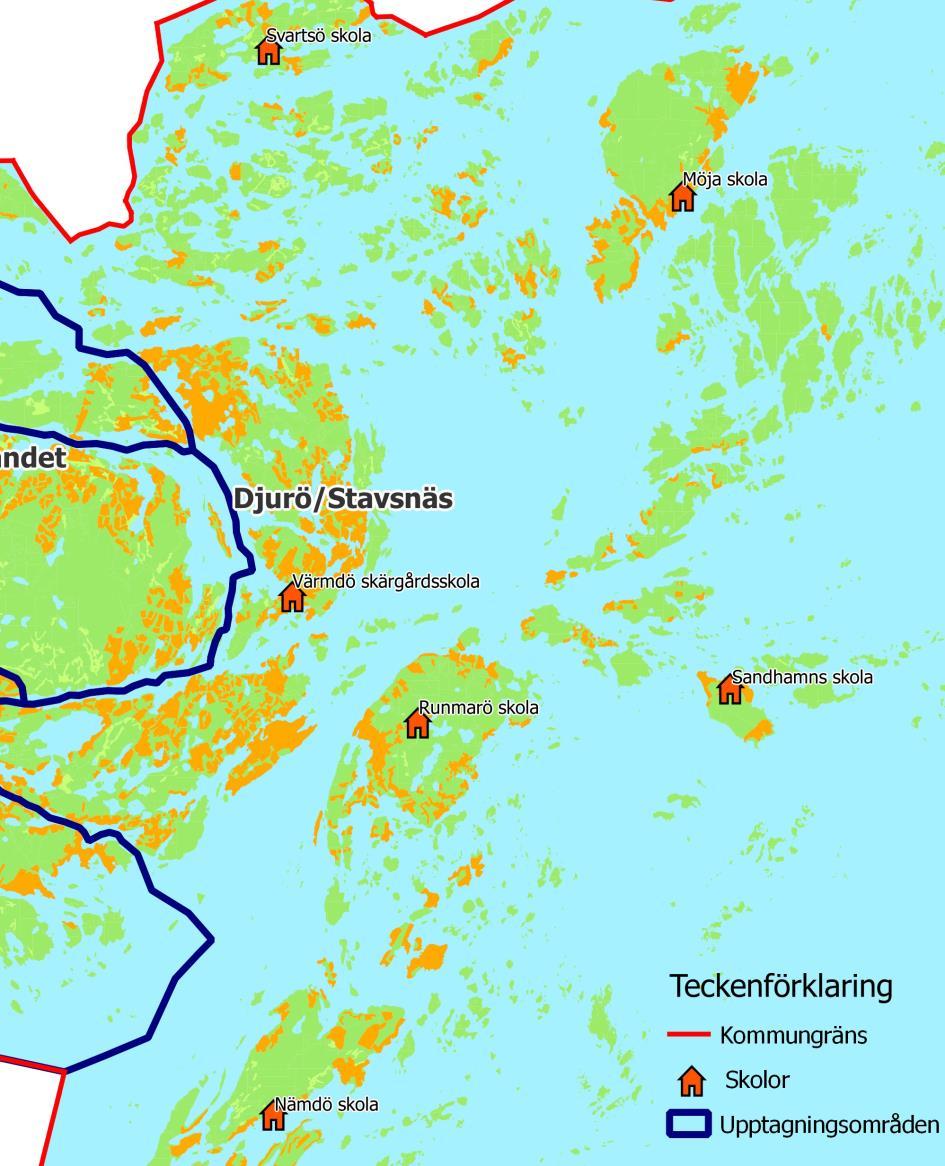 4.4 Djurö/Stavsnäs/Skärgårdens grundskolor I området Djurö/Stavsnäs/Skärgården finns en skola, Värmdö Skärgårdsskola. Figur 5: Karta över Djurö, Stavsnäs och övriga skärgården 4.4.1 Värmdö Skärgårdsskola Värmdö Skärgårdsskola är en kommunal skola med årskurs F-9.