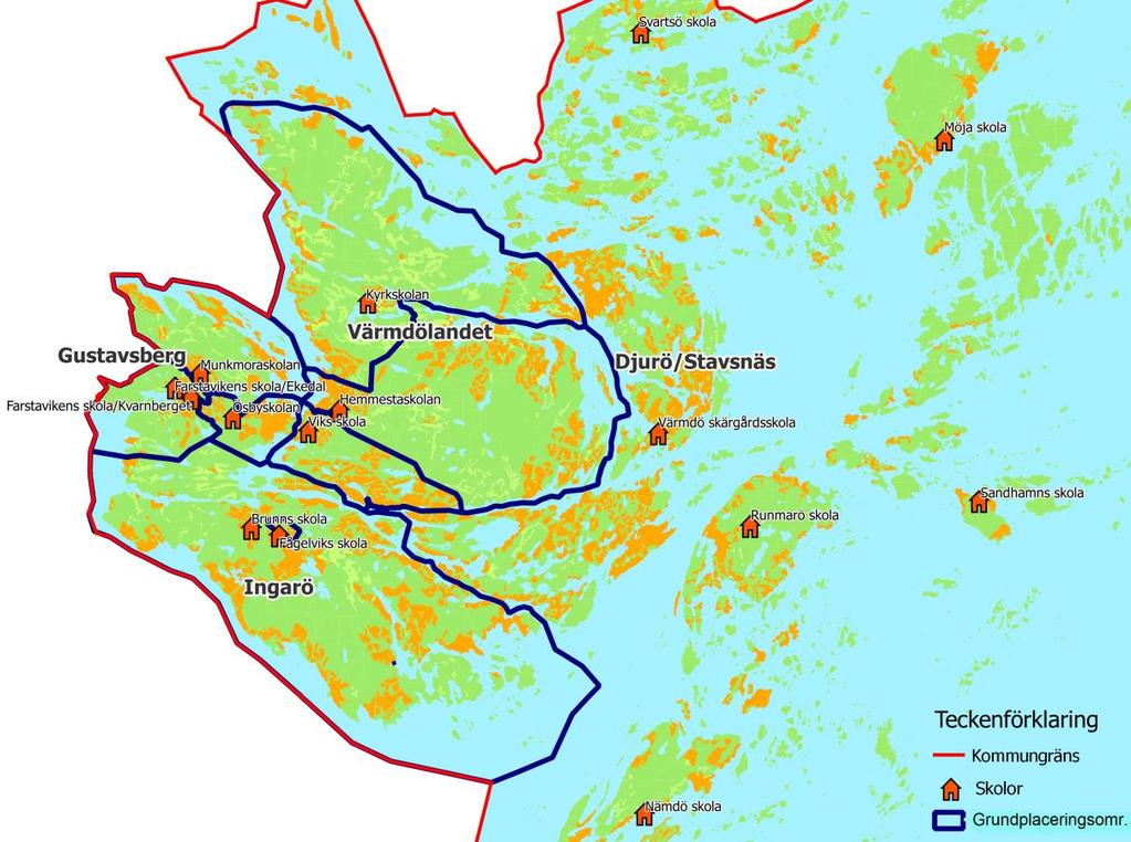 2 Geografi Värmdö kommun är i elevantalsprognosen indelat i fyra större områden, Gustavsberg, Ingarö, Värmdölandet och Djurö/Stavsnäs/Skärgården.