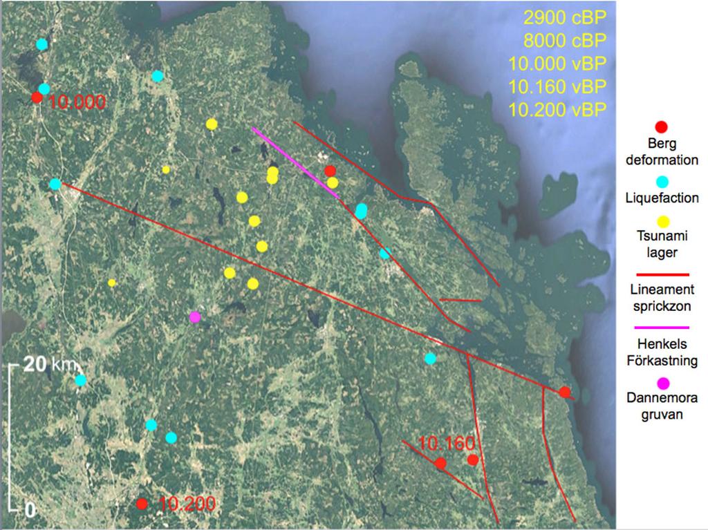 4 Fig. 3 (från Aktbilaga 733). Paleoseismiska data från Forsmarks närområde sammanställda från Mörner (2003, 2016, 2017a, opublicerat material) och Lagerbäck et al. (2005). Enligt Fig.