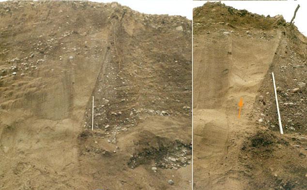6 Fig. 6. Älvkarleby liquefaction av sand och grus med en venting pipe (gul pil) som anger utomordentligt starkt tryck.