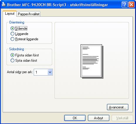 Utskrift Fliken Layout Om du använder Windows NT 4.0, Windows 2000 eller XP, kan du komma åt fliken Layout genom att klicka på Utskriftsinställningar.