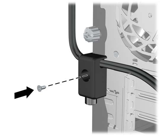 3. Skruva fast låset i chassit med hjälp av den bifogade skruven. Bild C-5 Skruva fast låset i chassit 4. Sätt i pluggänden på säkerhetskabeln i låset (1) och tryck på knappen (2) för att låsa.