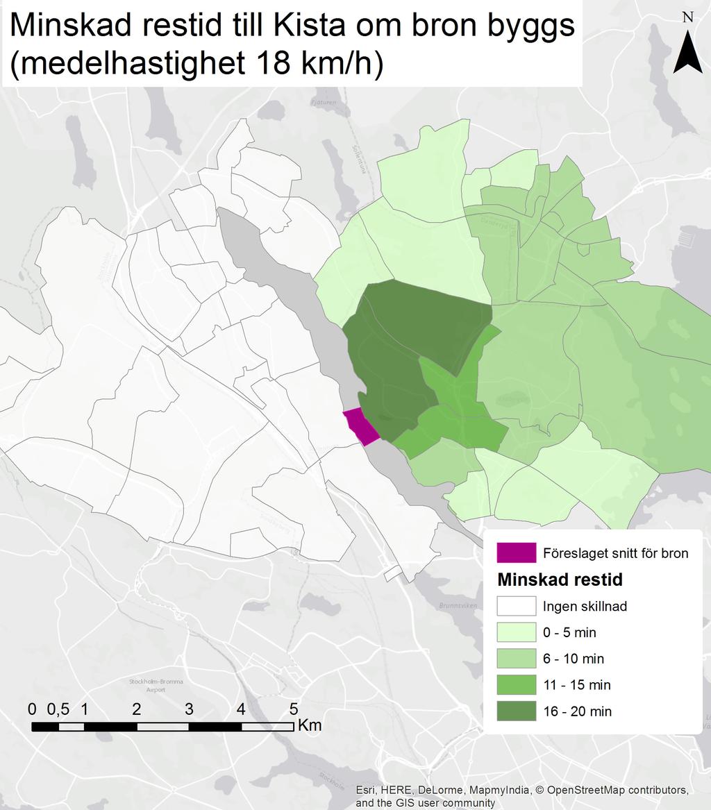 Figur 13. Minskad restid till Kista sjukhus om bron byggs.