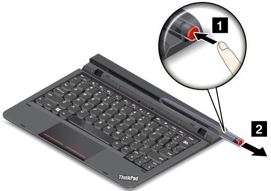 Ta bort Tablet Digitizer Pen eller ThinkPad Active Pen ur facket genom att försiktigt trycka in pennan i facket 1 så att den frigörs och ta sedan ut den 2.