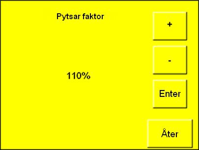 16.1.4. Pytsare faktor Meny/Grundinställning/Pytsare faktor. I denna meny kan du välja hur mycket extra pytsarventilen skall styra ut när 2 funktioner körs samtidigt. Området är 100 130 %. 16.1.5.