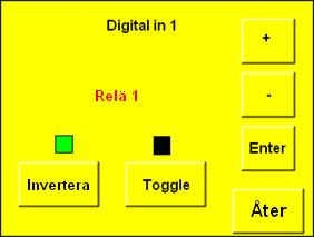 16.1.5.2. Digital in 1 Meny/Grundinställning/Digitala in vänster/digitala in 1. Vid val av någon digital tangent kan sedan val göras för vilken utgång denna ingång skall styra.